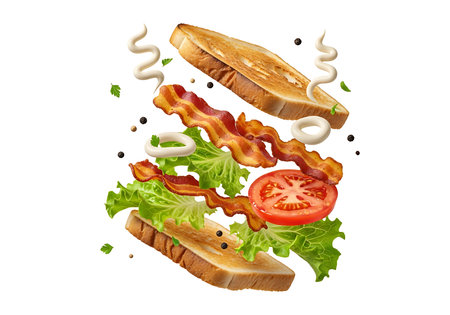 A delicious and appetizing sandwich with crispy bacon, fresh lettuce, and ripe tomato slices, presented in an exploded view against a clean white background for maximum visual impact.の素材