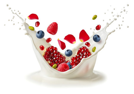 A dynamic splash of milk envelops a vibrant assortment of fresh berries, pomegranate seeds, and pistachio nuts, creating a visually appealing and refreshing image.の素材
