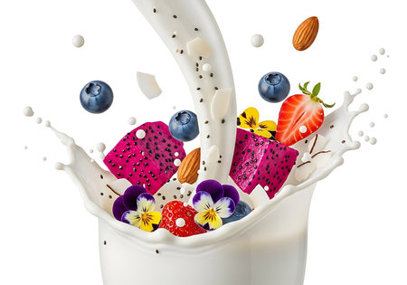 A vibrant mix of fresh blueberries, dragon fruit, strawberries, almonds, and edible flowers are captured mid-air as they splash into a swirl of creamy milk, creating a visually appealing and healthy bの素材