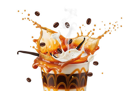 A dynamic splash of caramel and cream erupts from a coffee cup, with coffee beans suspended in mid-air, creating a visually stunning and appetizing beverage advertisement.の素材