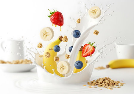 A dynamic action shot captures strawberries, blueberries, and banana slices mid-air as they splash into a bowl of milk, surrounded by granola and liquid splashes.の素材