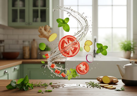 A dynamic scene captures fresh ingredients like tomatoes, ginger, and mint mid-air, caught in a refreshing splash of water, set against a bright, inviting kitchen backdrop.の素材