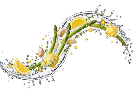 A dynamic composition of fresh asparagus spears, bright lemon slices, and aromatic garlic cloves captured mid-splash in clear water, creating an invigorating culinary visual.の素材