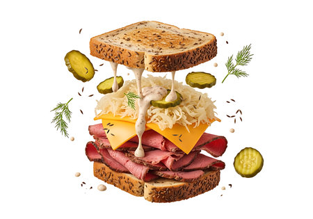 A mouthwatering deconstructed Reuben sandwich, featuring layers of thinly sliced corned beef, melted Swiss cheese, tangy sauerkraut, and dill pickles, all artfully arranged on toasted rye bread with aの素材