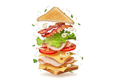 A visually appealing, deconstructed sandwich showcasing its fresh ingredients like crispy bacon, lettuce, tomato, onion, cheese, and ham, presented on toasted bread.の素材