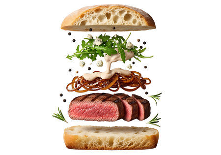 A deconstructed steak sandwich with layers of bread, grilled steak, fried onions, creamy sauce, and fresh greens, artfully arranged against a clean white background for a captivating food presentationの素材