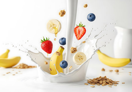 A dynamic splash of milk cascades into a bowl of cereal, adorned with fresh strawberries, blueberries, and banana slices, creating a vibrant breakfast scene.の素材
