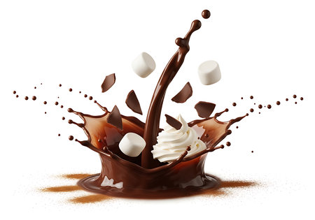 A dynamic splash of rich, dark hot chocolate erupts upwards, adorned with fluffy marshmallows, chocolate shards, and a dollop of whipped cream, captured mid-air.の素材