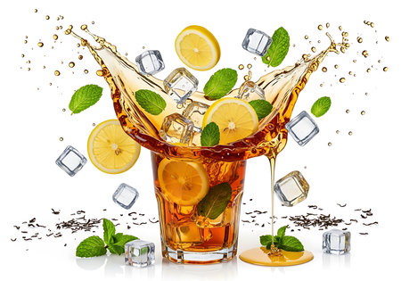 A dynamic splash of iced tea erupts from a glass, adorned with floating lemon slices, mint leaves, and ice cubes against a stark white backdrop.の素材