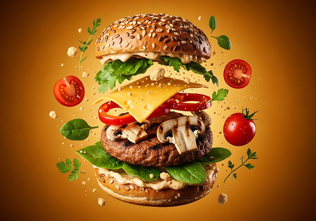 A towering gourmet burger, featuring a juicy beef patty, fresh lettuce, ripe tomatoes, melted cheese, and sautÃ©ed mushrooms, artfully arranged with floating ingredients against a warm, gradient backgrの素材