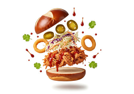 Explosion of delicious pulled pork sandwich ingredients, including a bun, shredded meat, coleslaw, pickles, and onion rings, artfully arranged and floating against a clean white background.の素材