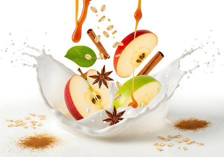 A vibrant image captures apple slices mid-air, splashing into a creamy white liquid, adorned with cinnamon sticks and drizzled caramel sauce.の素材