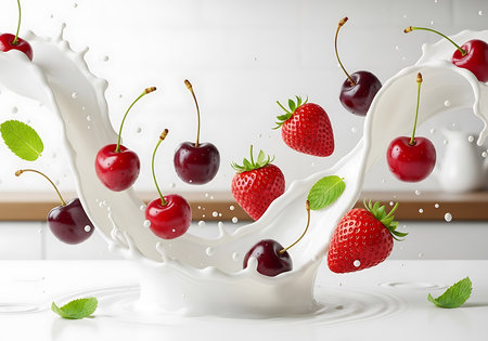 A dynamic shot captures ripe cherries and vibrant strawberries mid-air as they plunge into a swirling splash of white milk, creating a refreshing and appetizing visual.の素材