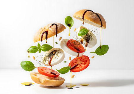 A visually appealing arrangement of Caprese sandwich ingredients, including bread, tomato, mozzarella, and basil, suspended in mid-air against a clean white background, showcasing a delightful culinarの素材