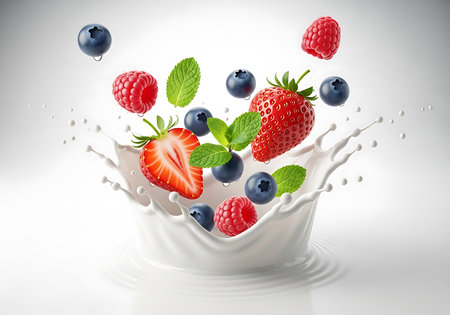 A dynamic shot captures fresh strawberries, raspberries, and blueberries mid-air as they splash into a creamy white liquid, creating an inviting and refreshing visual.の素材