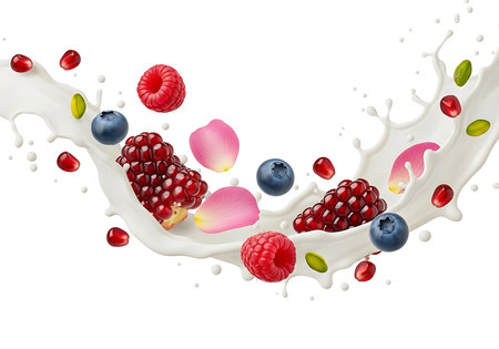 A dynamic composition of fresh raspberries, blueberries, and pomegranate seeds bursting through a creamy splash of milk, set against a clean white background for maximum visual impact.の素材