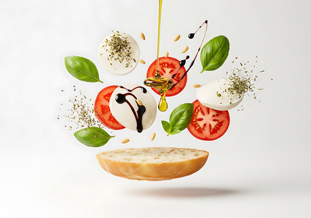 A vibrant Caprese salad ensemble, featuring sliced tomatoes, fresh mozzarella, and basil leaves, artfully arranged with olive oil and balsamic glaze, suspended mid-air above a rustic bread slice.の素材