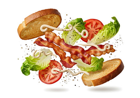 A deconstructed BLT sandwich with crispy bacon, fresh lettuce, ripe tomato slices, and toasted bread slices suspended in mid-air with mayonnaise drizzle.の素材