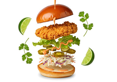 A delicious and crispy fried chicken burger is shown in an exploded view, with all its fresh ingredients artfully arranged against a clean white background.の素材