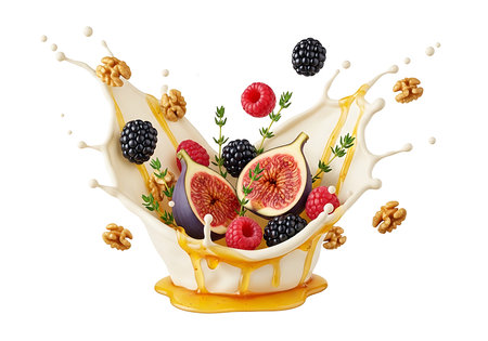 A dynamic splash of creamy yogurt engulfs ripe figs, juicy raspberries, and plump blackberries, accented by scattered walnuts, creating a visually appealing and healthy food composition.の素材