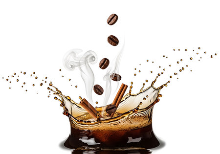 A dynamic splash of dark coffee erupts from a cup, with roasted coffee beans and cinnamon sticks suspended mid-air, creating a visually striking and aromatic beverage moment.の素材