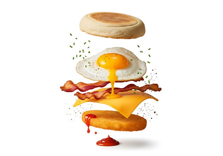 A mouthwatering breakfast sandwich is deconstructed, showcasing its delicious layers of a fried egg, crispy bacon, melted cheese, hash brown, and muffin top against a clean white backdrop.の素材