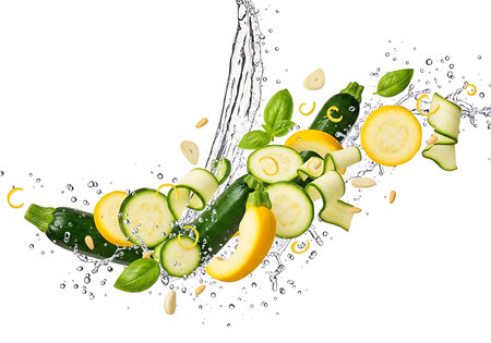 A dynamic composition of sliced zucchini and yellow squash caught mid-air with a refreshing water splash, presented cleanly on a pure white background for maximum visual impact.の素材