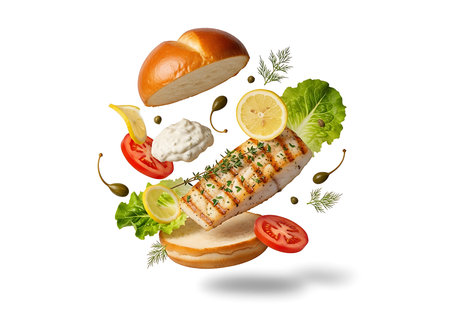 A delicious grilled fish sandwich with fresh ingredients like lettuce, tomato, lemon, and capers, artfully arranged and floating against a clean white background for a visually appealing presentation.の素材
