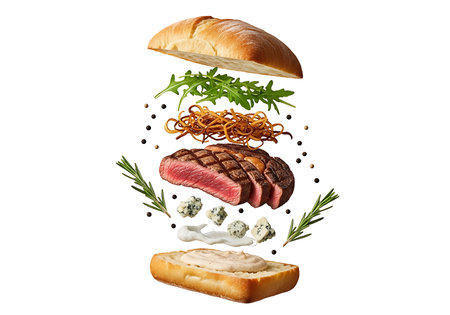 A culinary masterpiece deconstructed: succulent grilled steak slices, crispy fried onions, fresh herbs, and creamy blue cheese artfully arranged above a toasted bun base.の素材