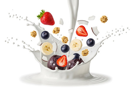 A dynamic splash of milk erupts as fresh strawberries, blueberries, banana slices, coconut flakes, and crunchy granola are tossed into the air, creating a visually appealing and refreshing breakfast sの素材
