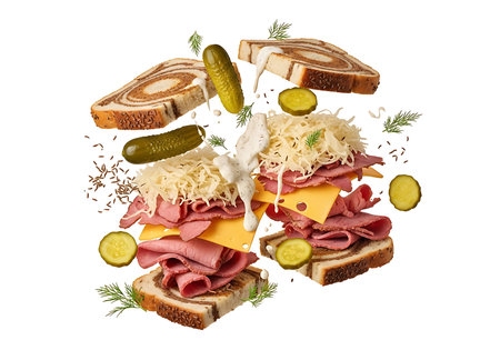 A mouthwatering assortment of reuben sandwich components, including corned beef, swiss cheese, sauerkraut, and pickles, artfully arranged on a clean white backdrop for a professional presentation.の素材