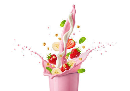 A vibrant pink strawberry banana smoothie erupts from a glass in a dynamic splash, with fresh fruit slices and mint leaves suspended in motion.の素材