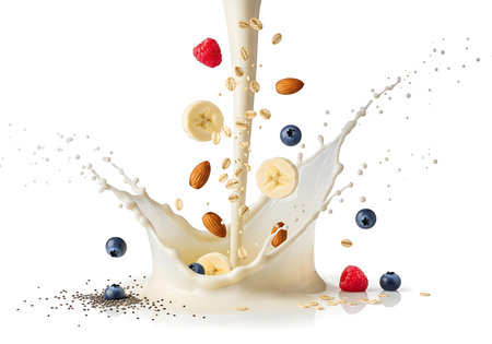 A dynamic splash of milk captures fresh raspberries, blueberries, sliced bananas, and almonds mid-air, creating a visually appealing and healthy breakfast concept.の素材