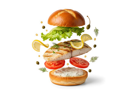 A deconstructed fish burger showcasing a grilled fish fillet, fresh lettuce, tomato slices, lemon wedges, capers, and herbs, all artfully arranged on a white background.の素材