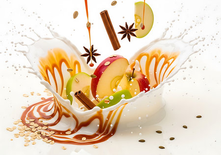 A dynamic culinary scene captures apple slices mid-splash into a rich caramel sauce, accented by cinnamon sticks and star anise, against a clean white backdrop.の素材