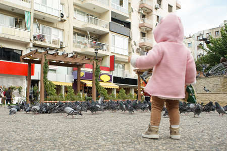 the little boy he's baiting of pigeon Streetのeditorial素材