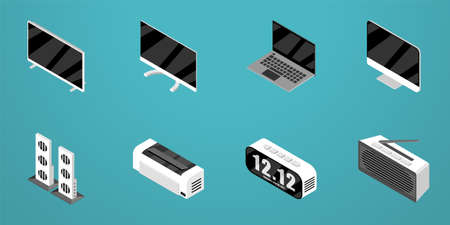Set of isometric icon design for electronic, TV, Monitor, Desktop, Laptop, Sound Bar, AC, Radio, Clockのイラスト素材