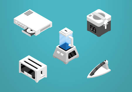 Set of isometric icon design for electronic. Dvd player, rice cooker, toaster, ironing clothes, mixerのイラスト素材