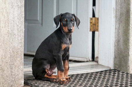 Doberman pinscher sitting on the entranceの写真素材