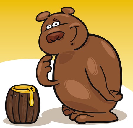 cartoon illustration of funny bear and barrel of honeyのイラスト素材
