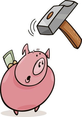 frightened piggy bank and hammerのイラスト素材