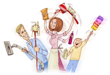 illustration of family doing spring cleaningの写真素材