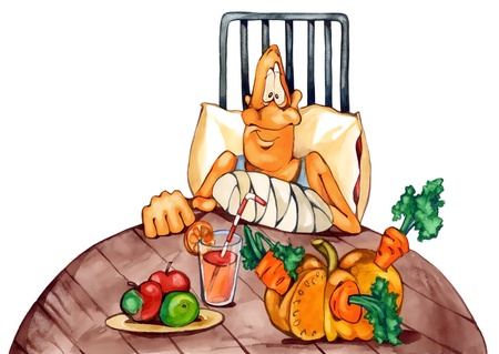 illustration of convalescent man with broken arm on healthy diet の写真素材