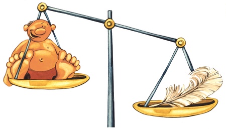 illustration of overweight man and feather on balanceの写真素材
