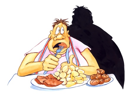 illustration of stressed overweight man eatingの写真素材