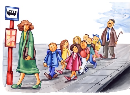 painting illustration of polite children on bus stopの写真素材