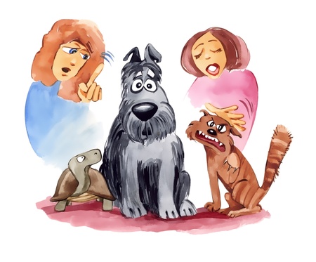 humorous illustration of dog, cat and turtle and their ownersの写真素材
