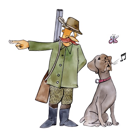 humorous illustration of retriever dog on huntingの写真素材