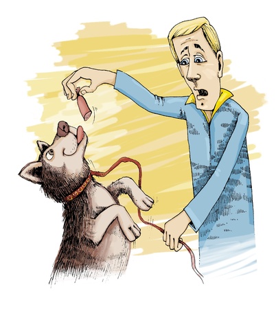 humorous illustrationof husky dog and sausageの写真素材