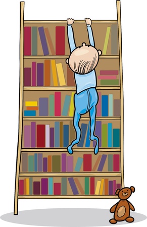 baby boy climbing on bookcaseのイラスト素材